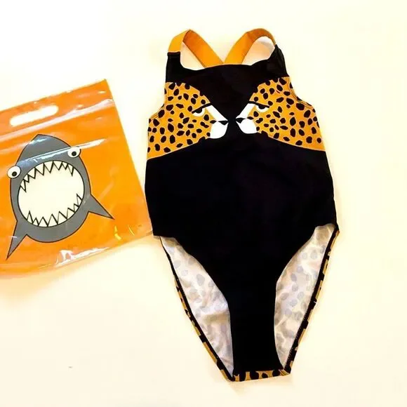 NWT Stella McCartney Kids black and yellow cheetah-print one-piece swimsuit. Si - Picture 4 of 10